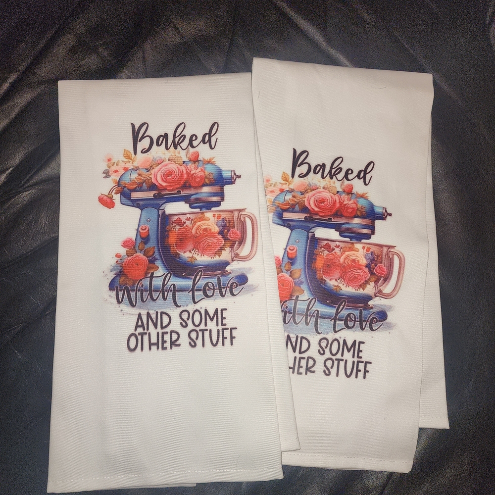 Baked With Love Floral Kitchen Towels - White and Blue